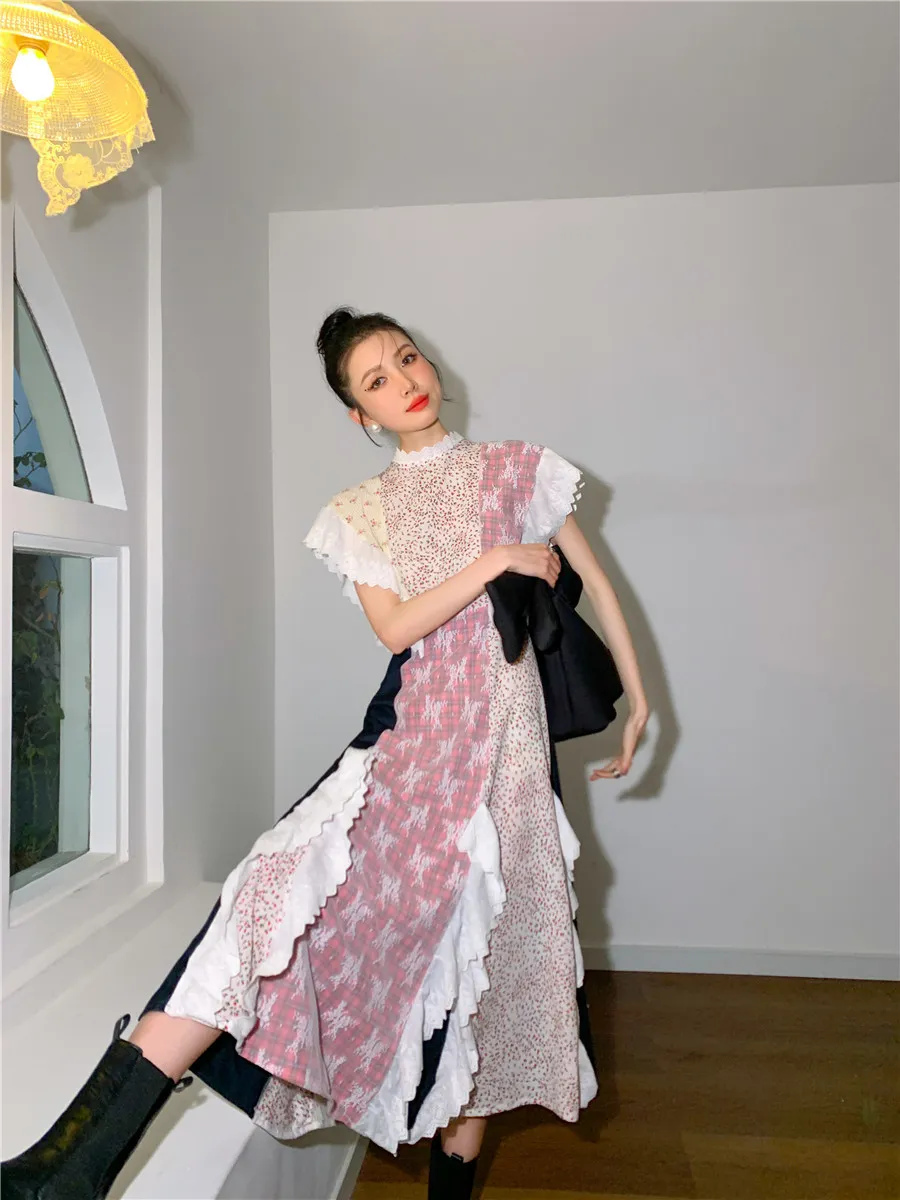 Vintage Patchwork Long Summer Dresses For Women Ruffle Sleeveless Tunic Midi Ladies Dress Designer Fashion Clothes 210427