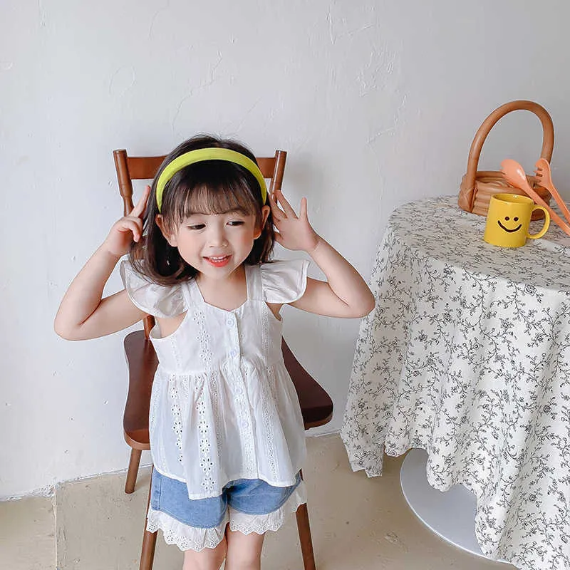 Koreański styl dziewczyny lato sling backless bez rękawów trójniki dzieci bawełna dorywczo latający rękaw kamizelki wierzchołki 210615