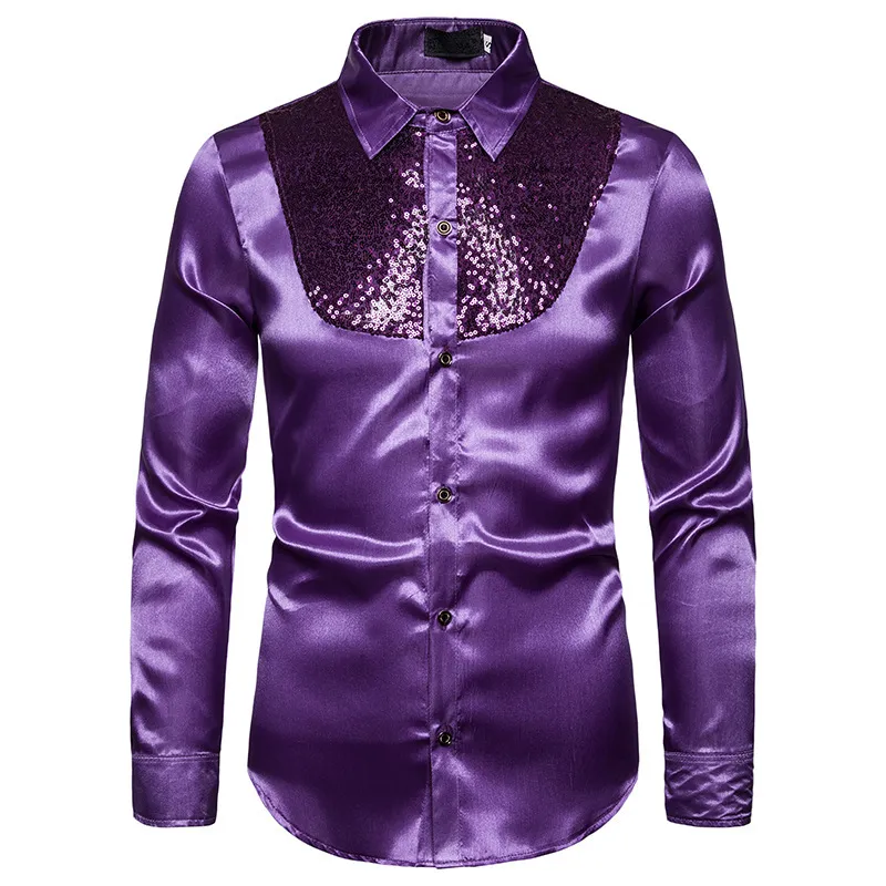 Camicia di seta patchwork di paillettes viola Uomo Moda Western Boy Style Satin Camicie eleganti da uomo Disco Dance Stage Prom Costume 2XL 210522