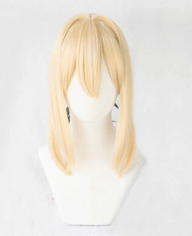 Violet Evergarden Ponytail Braid Buns Blonde Hair Heat Resistant Cosplay Costume Wig Cap Ribbon Y0913211q