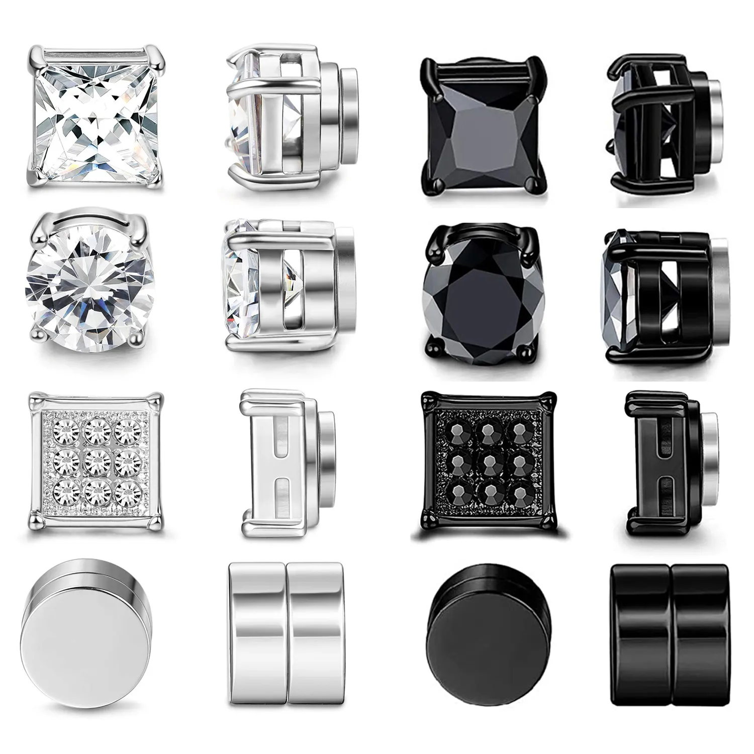4 pares de brincos magnéticos de aço inoxidável para homens e mulheres, tom de prata preta CZ, conjunto de brincos sem piercing 8MM3471761
