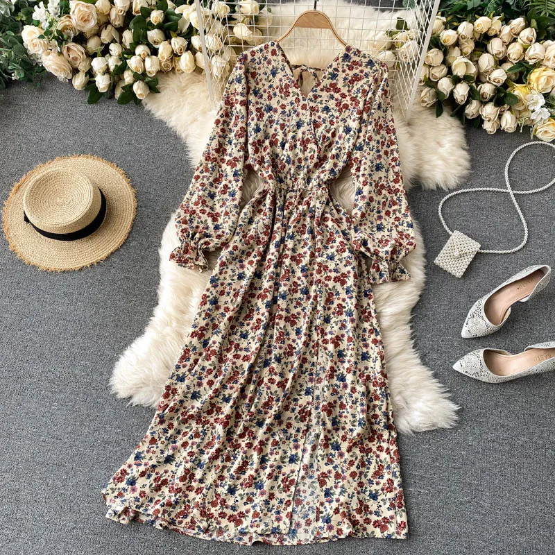 Französisch Frühling Sommer frauen Floral Chiffon Kleid Femme Robe Langarm Mode Sexy VNeck Vintage Kleid Koreanische Kleidung 210401