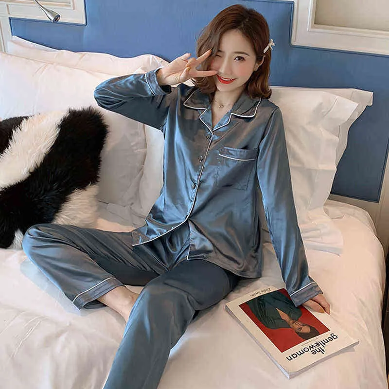 Femmes Soie Satin Pyjamas Pyjamas Ensemble Vêtements De Nuit Pijama Couple Costume Femme Sommeil Deux Pièces Hommes Loungewear Plus La Taille 211215