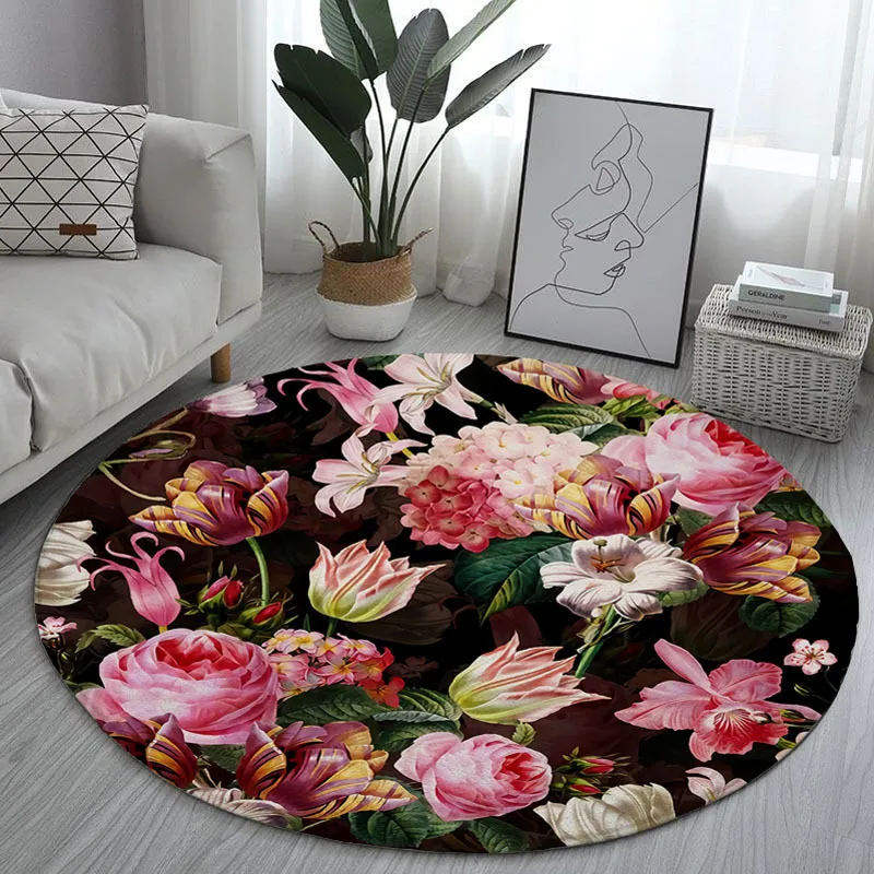 Beautiful children's round floor mat rose flower sun peony art non-slip bedroom kids playing games 220301