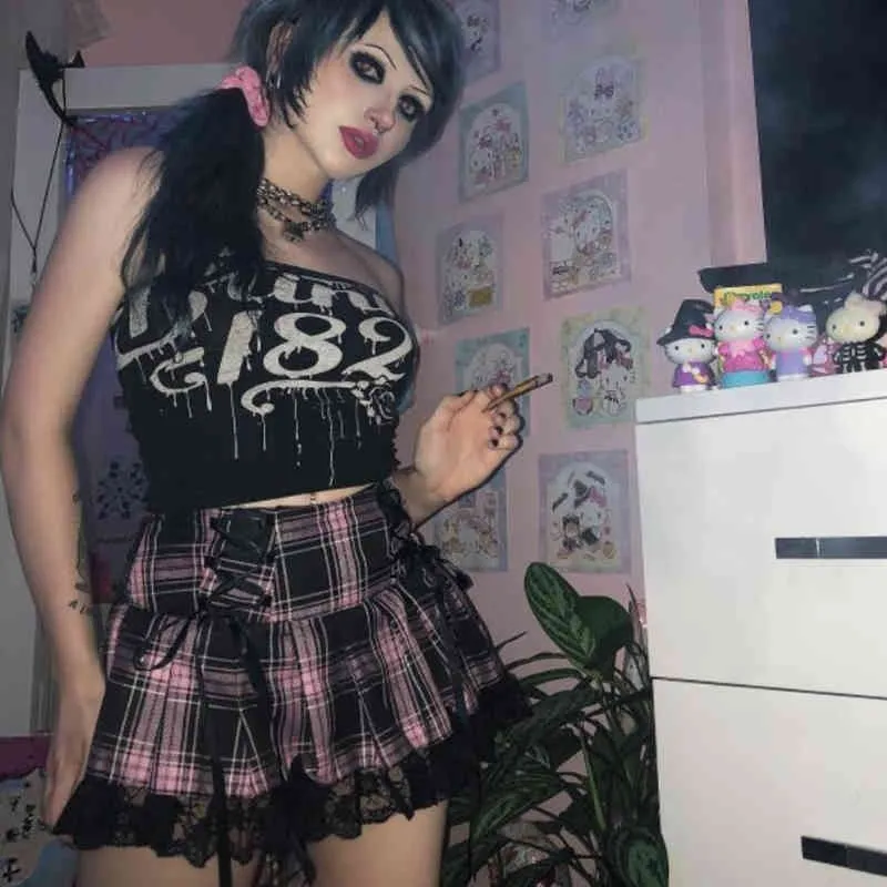 Gonne Y2K donna Stripe nero rosa Gonne a pieghe Canotta Cute Sweet Girls Gonna scolastica Scozzese con lacci Mini goth guanti Gonna in pizzo 210412