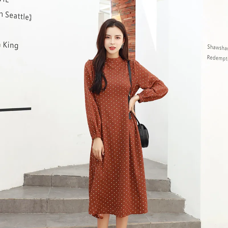 Elegant Over The Knee A-line Dresses Fashion Korean Style Loose Polka Dot Pullover Round Collar Mid-Length Long Dress 8835 210508