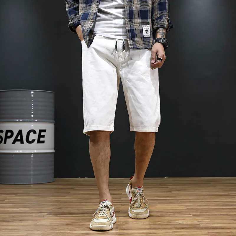 Summer Men Bermuda Beach white Shorts Fashion Elastic waist Drawstring solid color Straight Loose Cotton Casual Cargo Shorts 7XL X0705