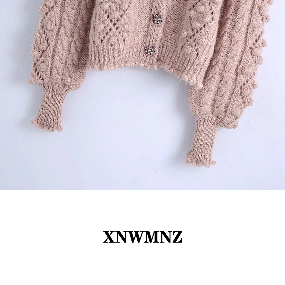 Kvinnor estetisk V-Neck Ball Appliques Cardigan Knitting Sweater Lady Långärmad Casual Knappar Tröjor Chic Toppar 210520