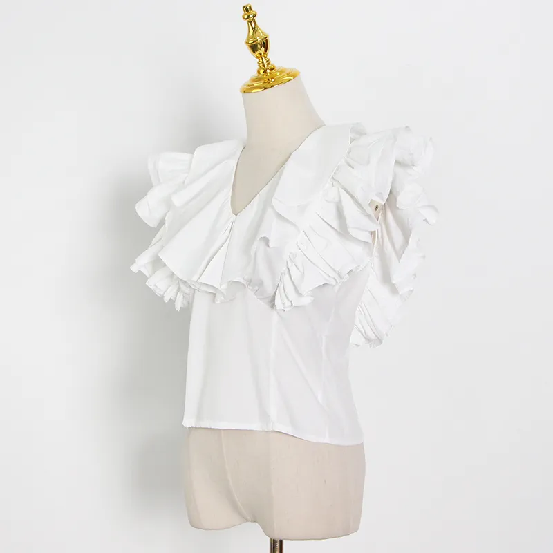 Camicia bianca casual con volant le donne Camicette minimaliste sottili con scollo a V senza maniche Stile moda estiva femminile 210524