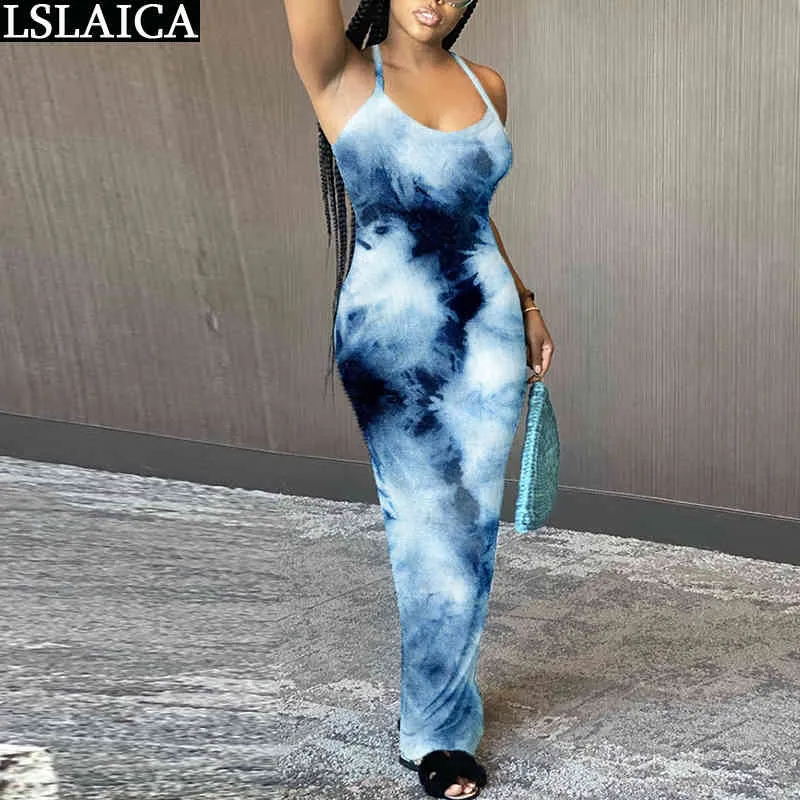 Robe multi-éléments Imprimer Casual Floor-Length Skinny Tie Dye pour les femmes Mode Slim Off Épaule Sexy Clubwear Robe Longue 210515