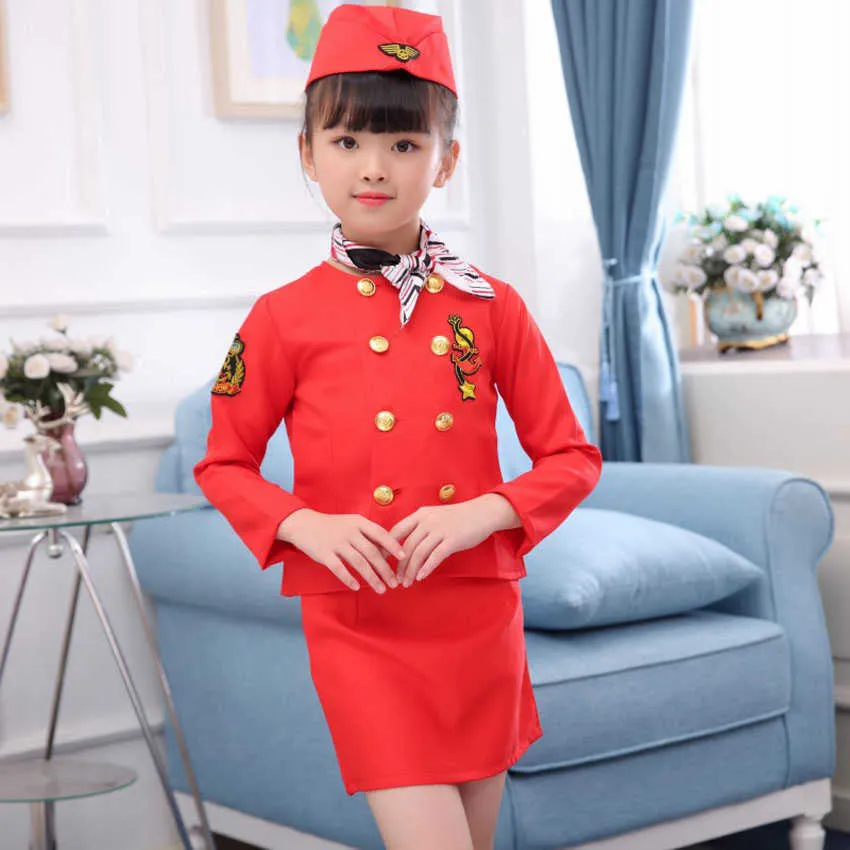 2021 Halloween Karneval Party Pilot Cosplay Kostüme für Kinder Jungen Geburtstagsgeschenk Mädchen Flugbegleiter Kleid Militäruniform Q0910