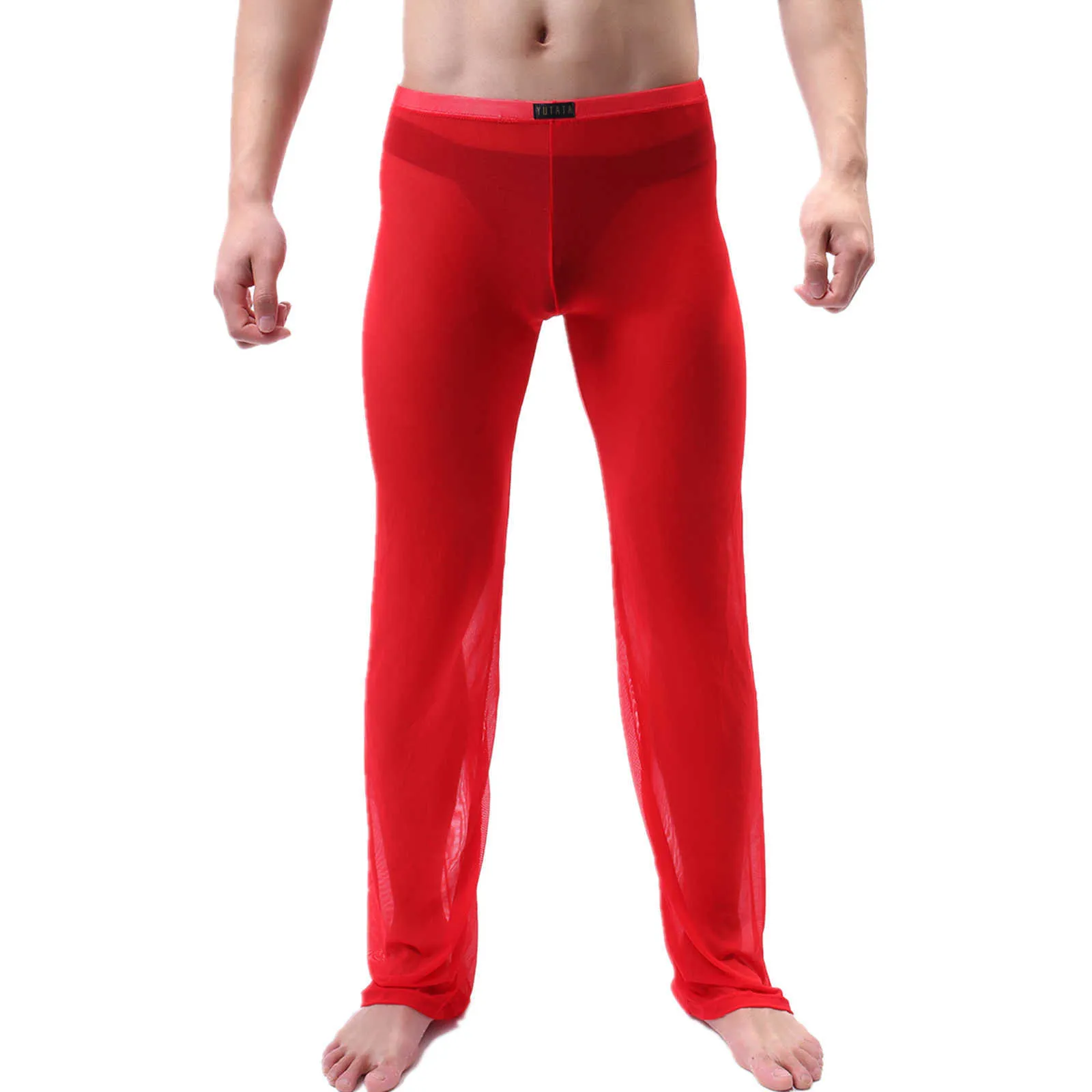 Plus Size Loose Pants Men Casual See-Though Mesh Pyjama Bottoms Ultra-Thin Pants Low Waist Elastic Waistband Pantalons Nightwear Y0811