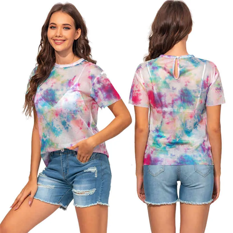 Kvinnor T-shirt Tie Dye Print Sommar Casual O-Neck Kortärmad Skinny Perspektiv Slim Fit Streetwear Plus Size XS-5XL 210522