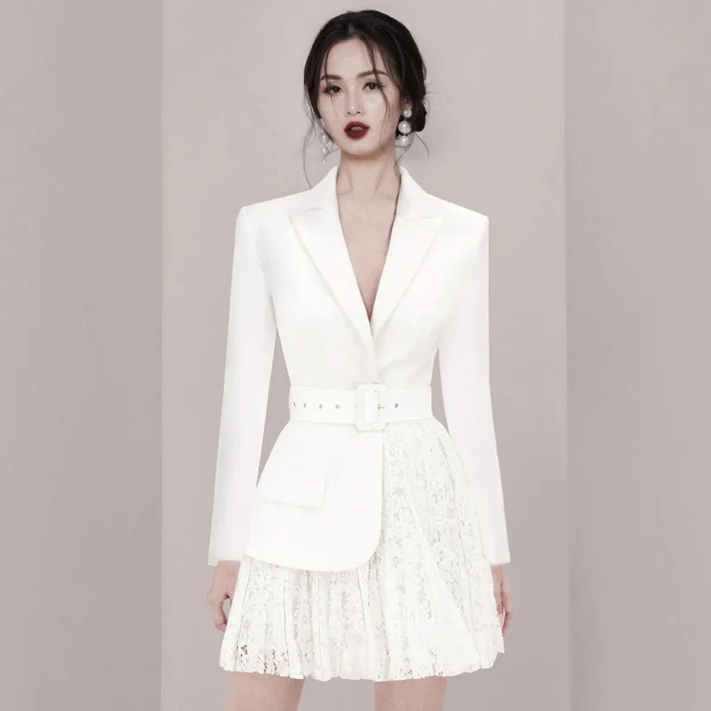 ファッション韓国風のソリッドホワイト気質腰の長袖スーツのドレス女性春と夏GX1255 210421