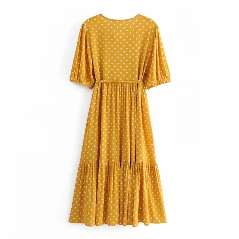 Polka Dot femme robe jaune à volants longues femmes été ceinture à manches courtes décontracté es vacances robe d'été 210519
