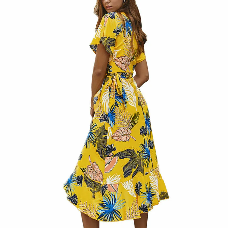 Strand maxi klänning kvinnor blommig split ruffle sundress v neck klänning kvinnor kortärmad avslappnad semester midi klänning kvinnor kläder x0521