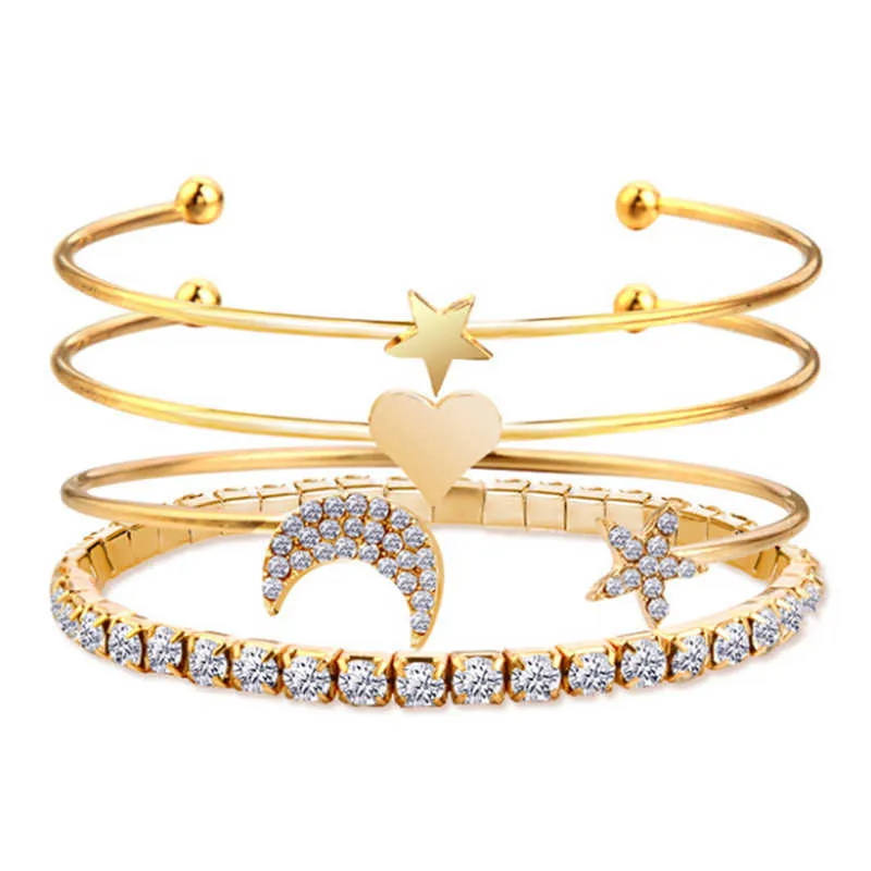 Crystal Star Moon Bangle Set Multilayer Love Heart Charm Gold Color Open Cuff Bangles Adjustable Jewelry for Women Q0719