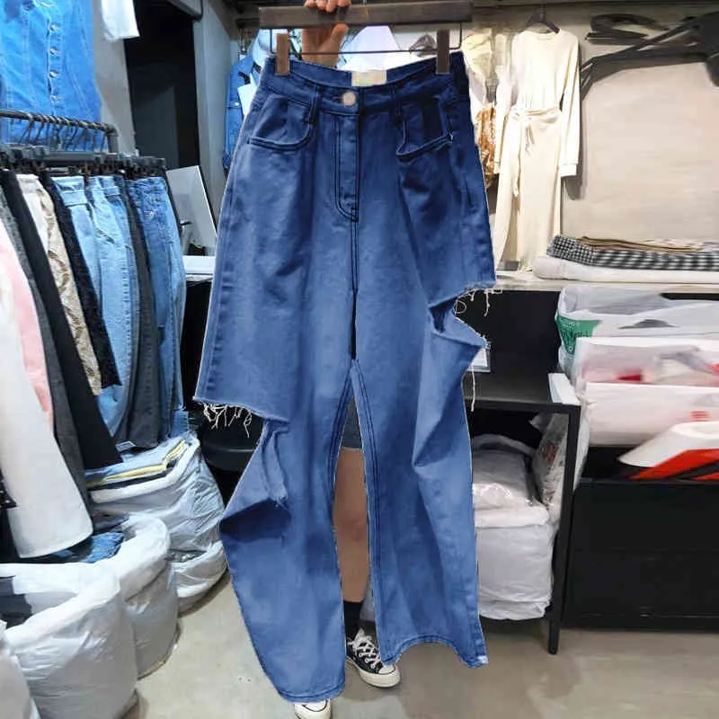 Korean Style High Waisted Women Wide Leg White Jeans Fashion Hole Denim Pants Casual Loose Pantalones Mujer 210514