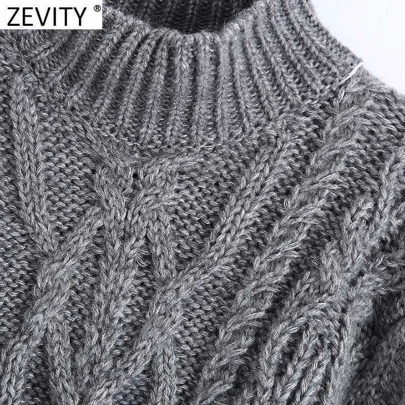 Zevity Women Vintage TurtleNeckツイストかぎ針編みショートニットセーター女性ランタンスリーブシックカジュアルプルオーバートップスS564 210603
