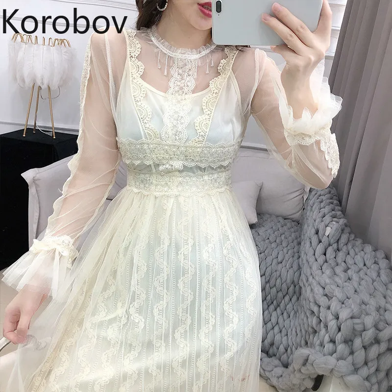 Korobov Sexy Hollow Out Lace Patchwork Camis Dress High Waist Hip a Line Hook Flower Vestido O Neck Petal Długi Rękaw Ropa 2A835 210430