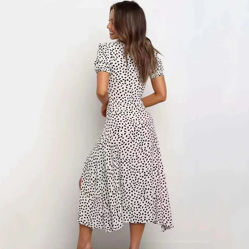 Vestido con abertura con estampado de leopardo Vintage para mujer, vestido largo maxi para vacaciones en la playa de verano, vestido elegante fruncido con cremallera dividida, vestidos 210415