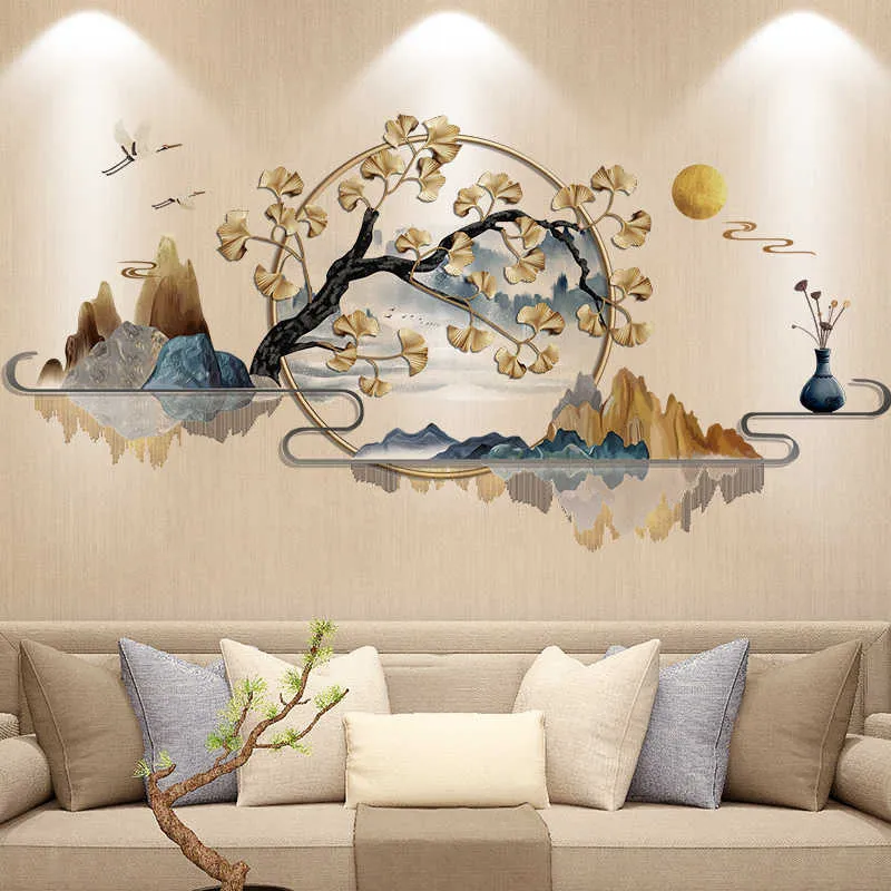 Kinesisk stil bläck målning landskap vägg klistermärke ginkgo träd hem dekor konst vinyl vägg decal väggmålning vardagsrum inredning tapet 210705