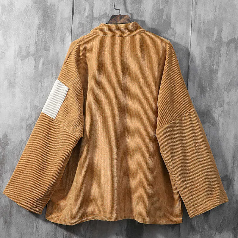 Giacca kimono in velluto a coste da uomo in stile giapponese Giacca color-block Patched Design Drop Shoulder Haori Cappotto sottile allentato oversize 210927
