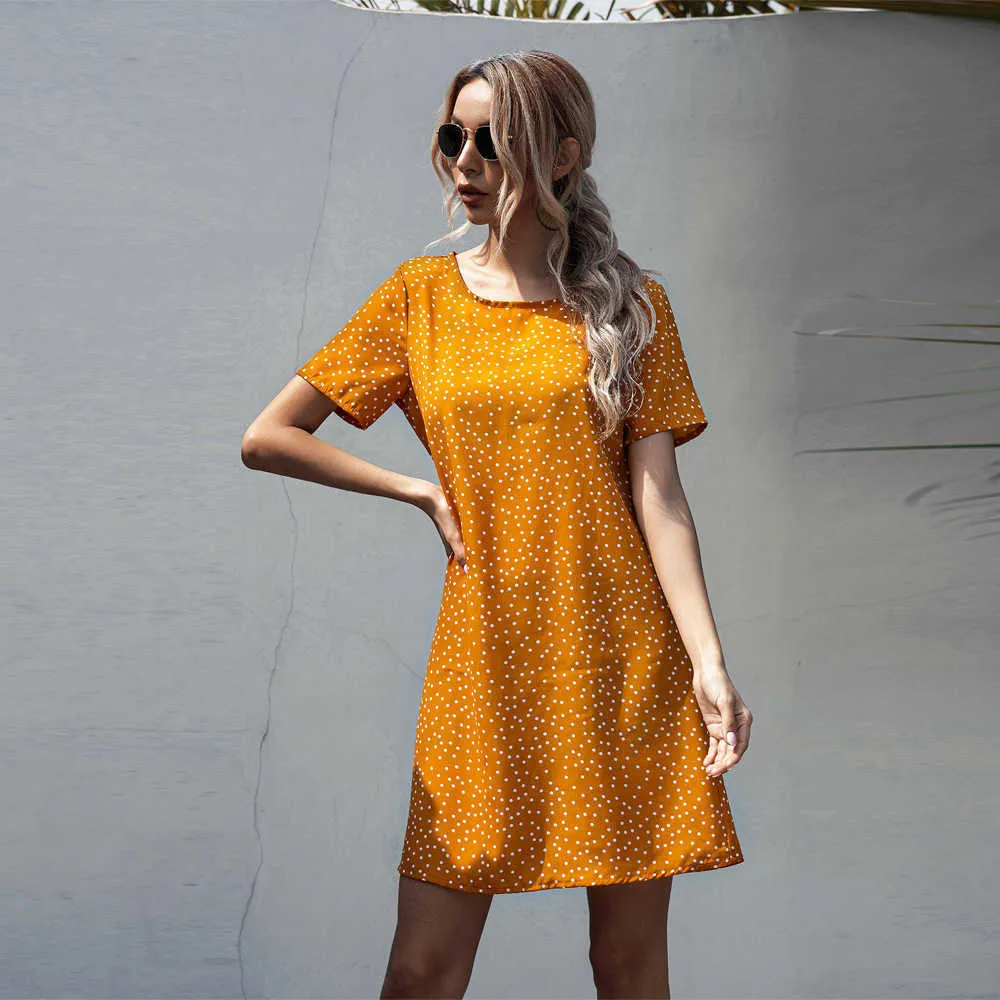 Boho Yellow Polka Dot Women Dress Casual O-Collo manica corta Summer Beach Mini abiti W9166 210526