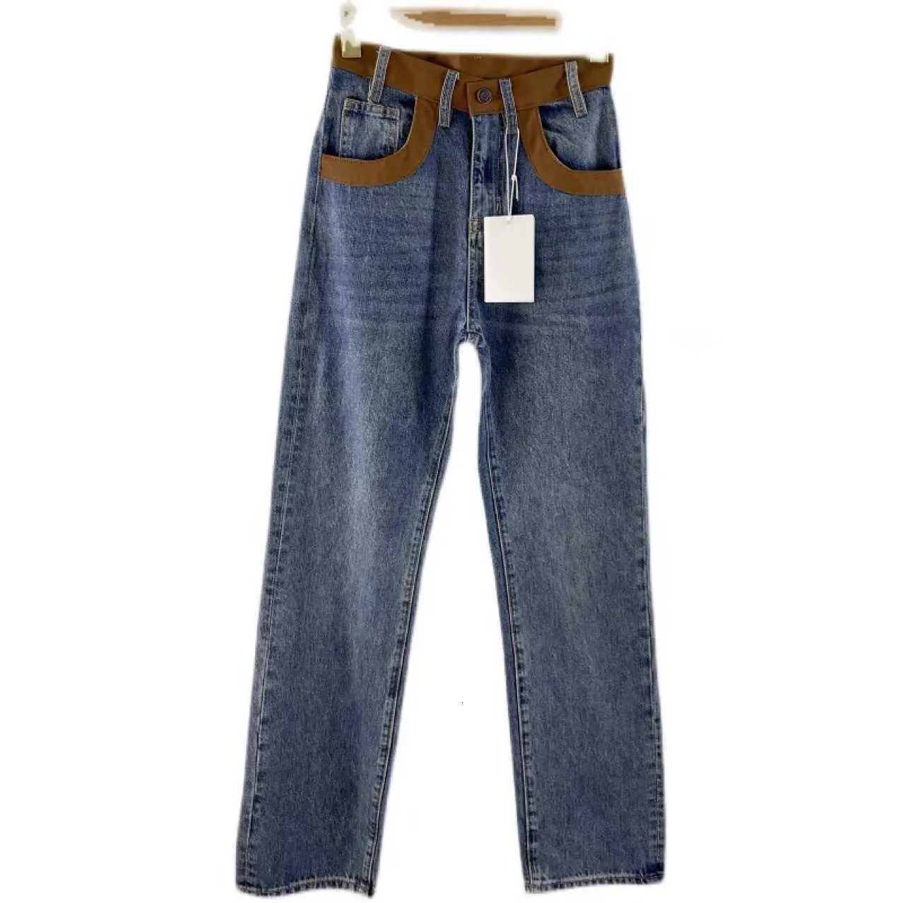 21ss Selin's automne et hiver lavage épissage cuir Standard taille haute Tube droit bleu jeans décontractés femmes