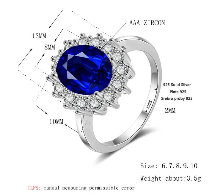 Principessa Diana William Kate Zaffiro Smeraldo Rubino Anelli di pietre preziose le donne Gioielli di fidanzamento di nozze Anello in argento sterling 925