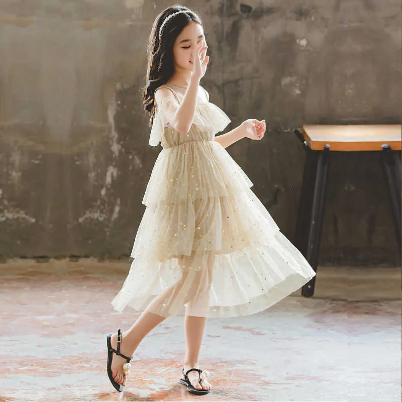 3-15 età ragazze estate drin bambini più grandi nuova versione coreana maglia straplprinccake abiti abbigliamento di qualità lass wear X0803