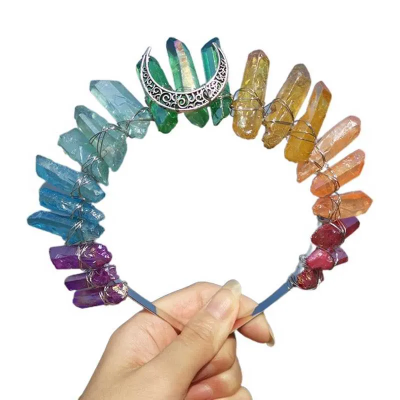 Romantic Colorful Jewelry Tiara Crown Rainbow Raw Quartz Crystal Headband Ethnic Antique Crescent Moon Metal Hair Hoop X0722