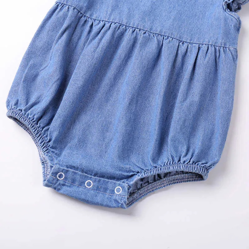 여름 데님 비행 소매 romper 아기 옷 유아 소녀 bodysuits 어린이 210528