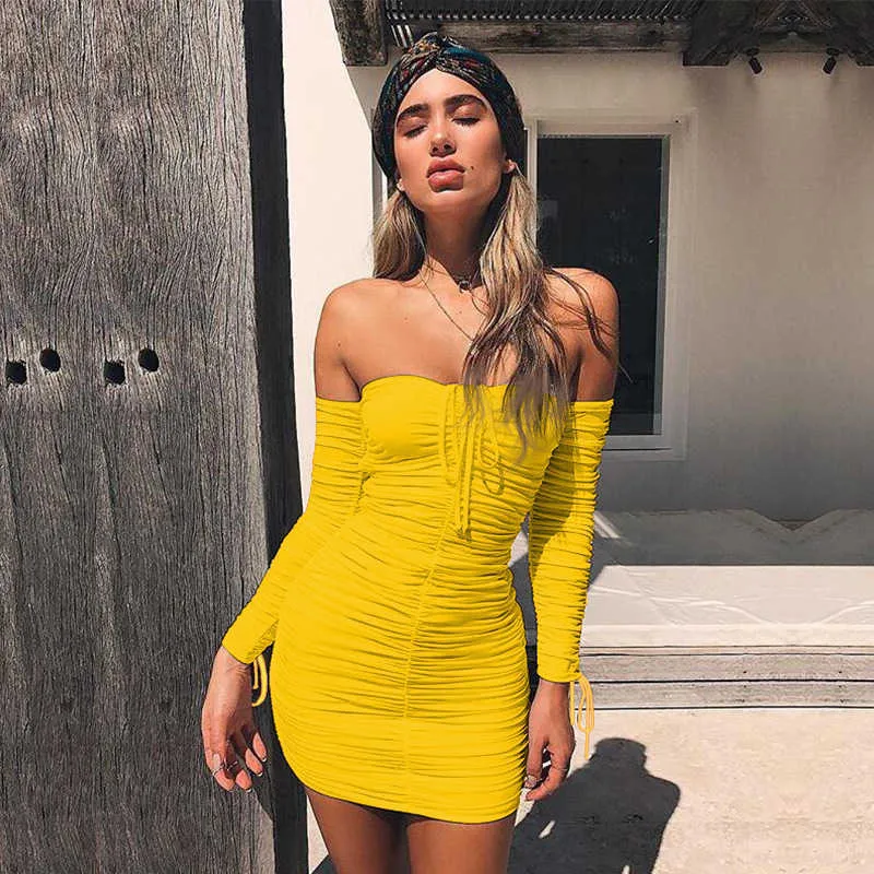 Stretch Sexy Ruched Off Shoulder Dress For Women Slim Long Sleeve Bandage Autumn Bodycon Pleated Mini Party Female Dresses W608 210526