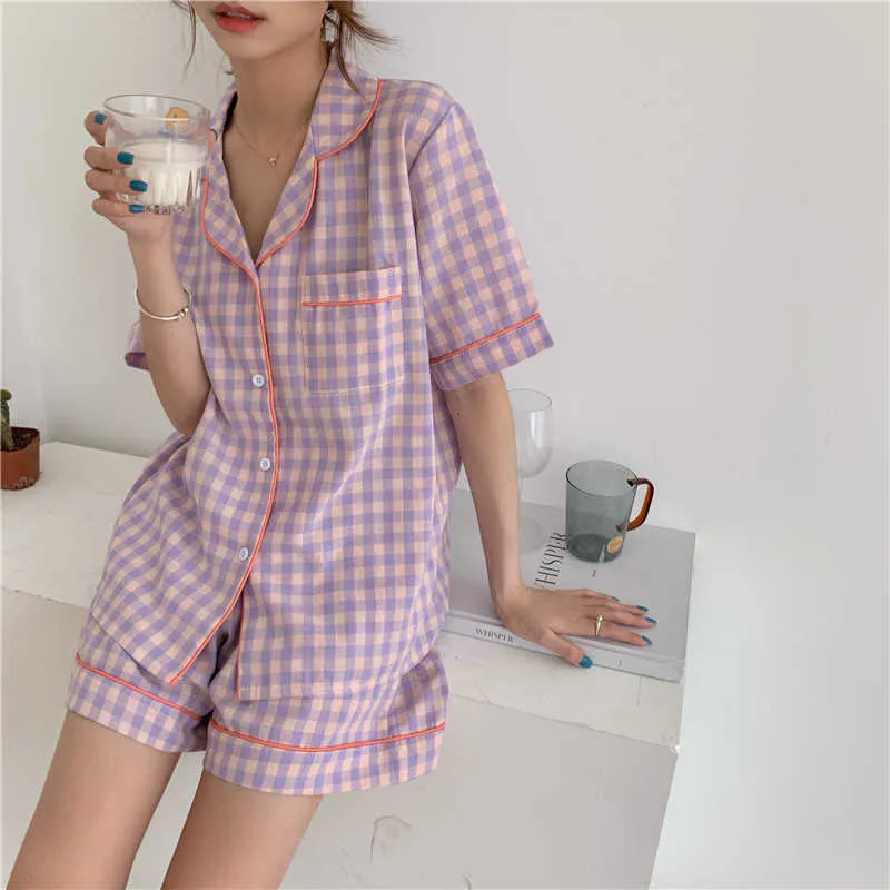 Pigiama da donna in cotone scozzese Abiti a due pezzi Corto Elegante morbido Sleepwear Donna Femme Home Chic Completi larghi 210525