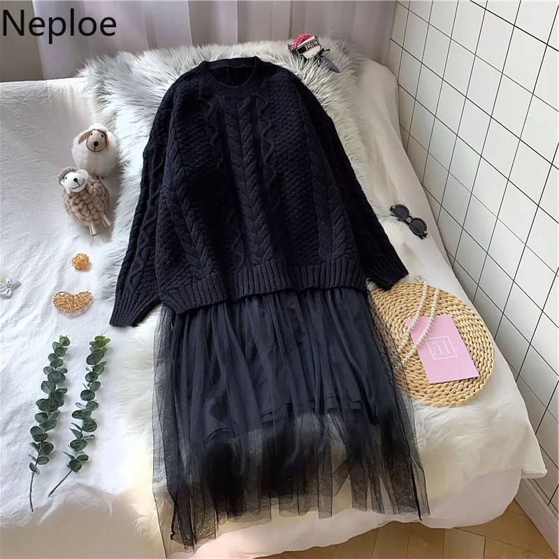 Neploe Faux Deux Pièces Robes Tricotées Preppy Style Mesh Twist Patchwork Robe Femmes Style Coréen Robes De Mode 1H714 210423