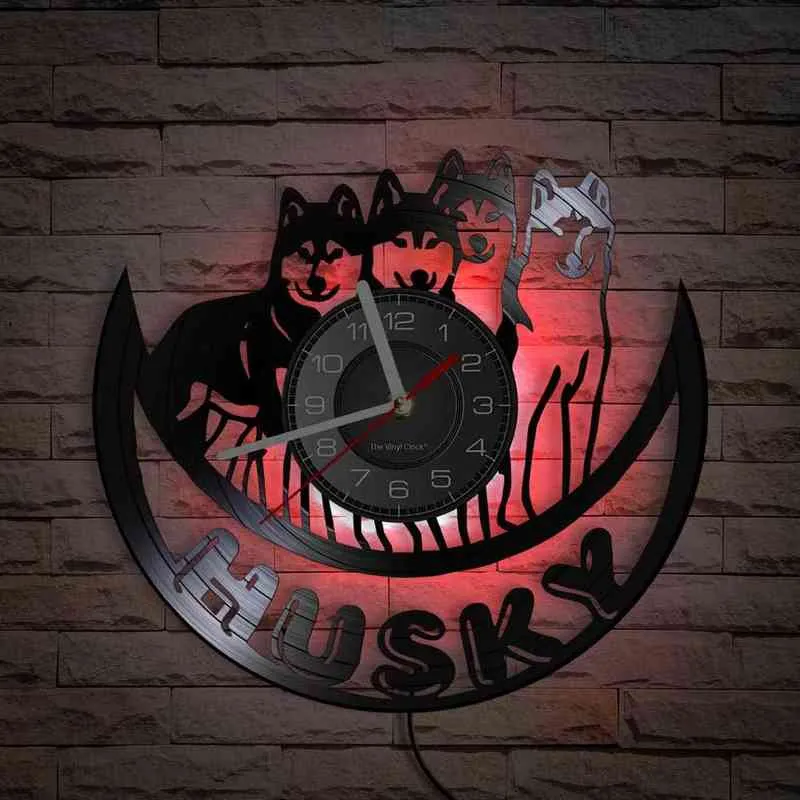 Siberian Husky Disque Vinyle Horloge Murale Pedigree Amoureux Des Chiens Décor À La Maison Montre Animal Pet Illustration Longplay Chiot Chien Pet Horloge Murale H1230