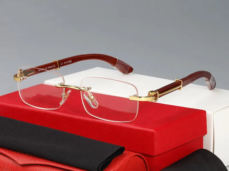 Lunettes de soleil de mode rouge sans monture cadre en bois bambou vintage rétro designer or métal noir marron lentille claire corne de buffle lunettes W238s