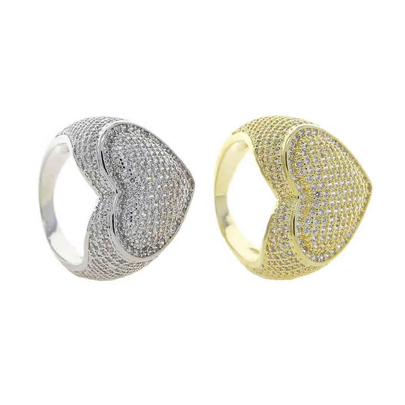 Золотой серебристый цвет Большое сердце кольцо 5A CZ Micro Pave Cubic Zircon кольцо наполнении Bling Hip Hop Punk Men Women Jewelry 220209