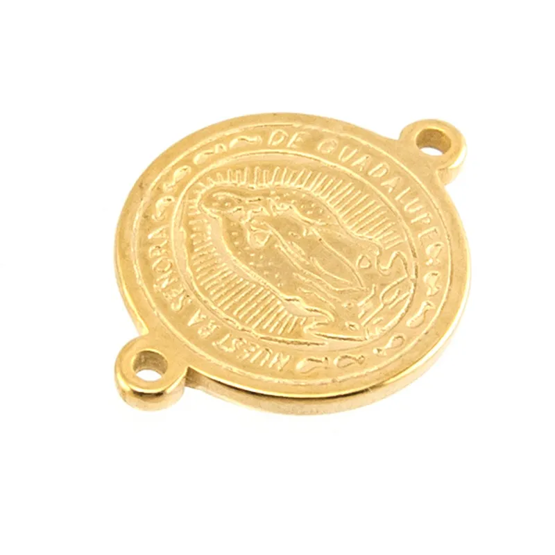 NOSTRA Signora 2 Loops Connector Virgen de Guadalupe Piccoli ciondoli Gold Color Medal Tags rotondo in acciaio inossidabile Ciondolo 4918812