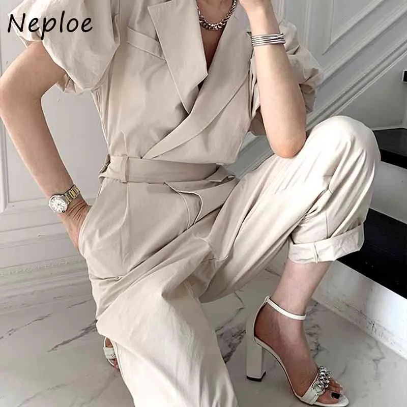 Turn Down Collar Puff Short Sleeve Jumpsuits Women High Waist Hip Bodysuits Summer Work Style Ol Solid Playsuit 210422