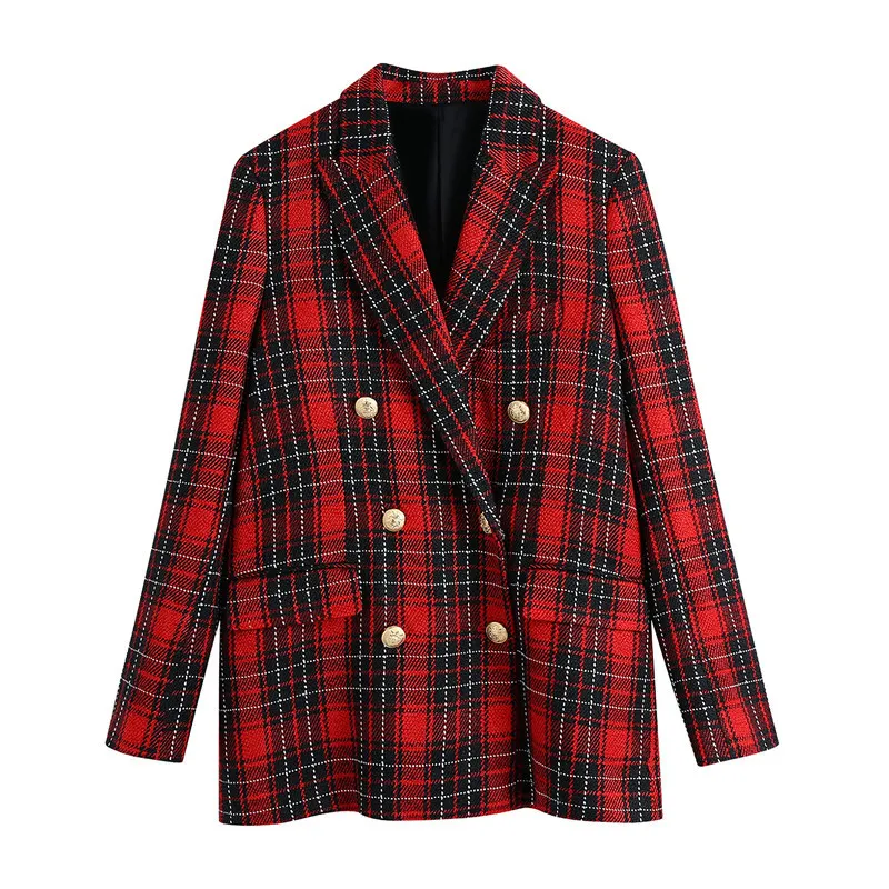 Fashion Double Breasted Check Twill Blazer Coat Women Vintage Long Sleeve Pockets Female Outerwear Chic Veste Femme 210430