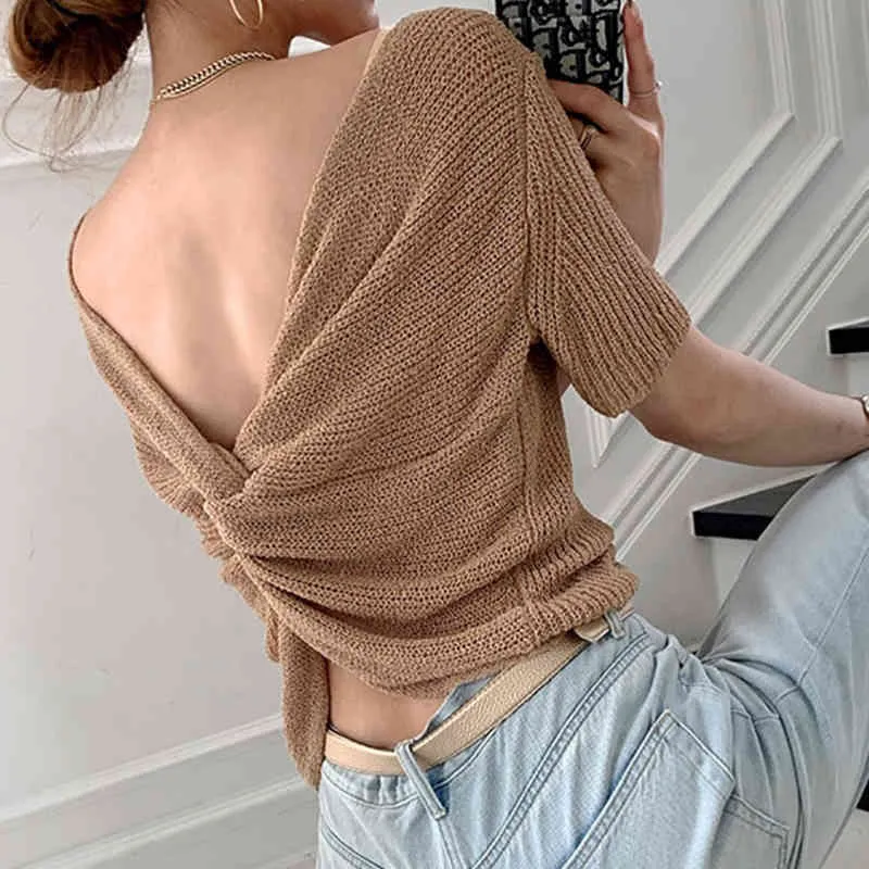 Frauen T-Shirt Sommer Koreanische Chic Licht Reife Temperament Tiefem V-ausschnitt Twist Design Open Back Kurzarm Pullover 210514