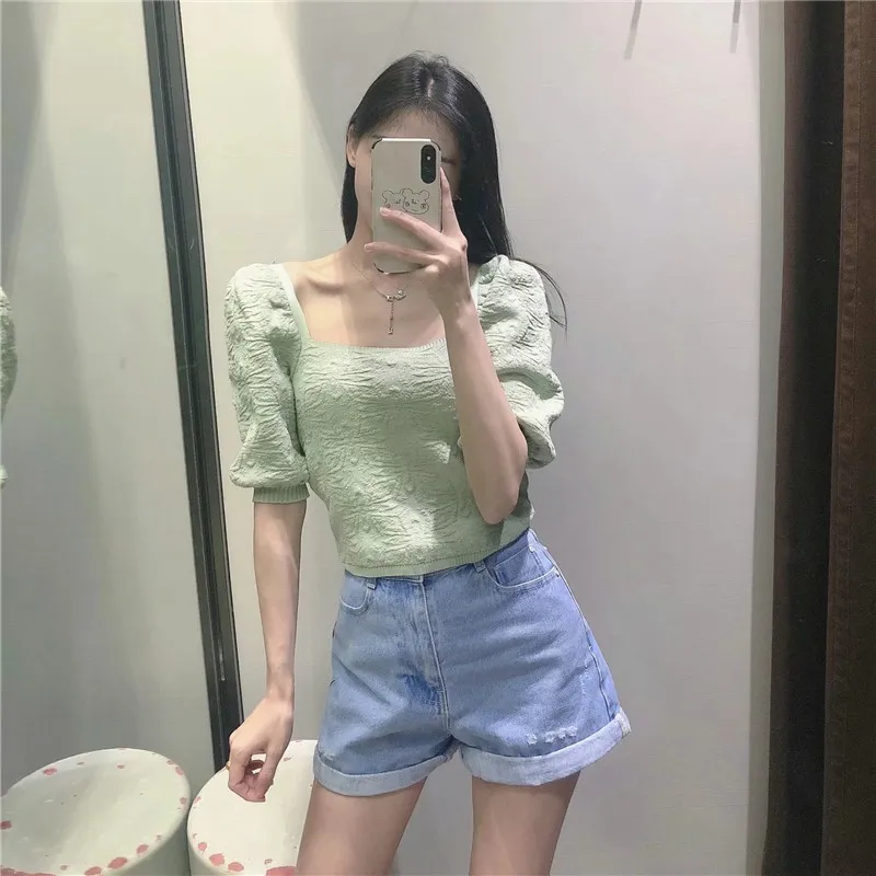 Groene Crop Top Vrouwen Jacquard Gebreide Cropped Vrouw Trui Mode Vierkante Neck Short Puff Sleeve Summer 210519