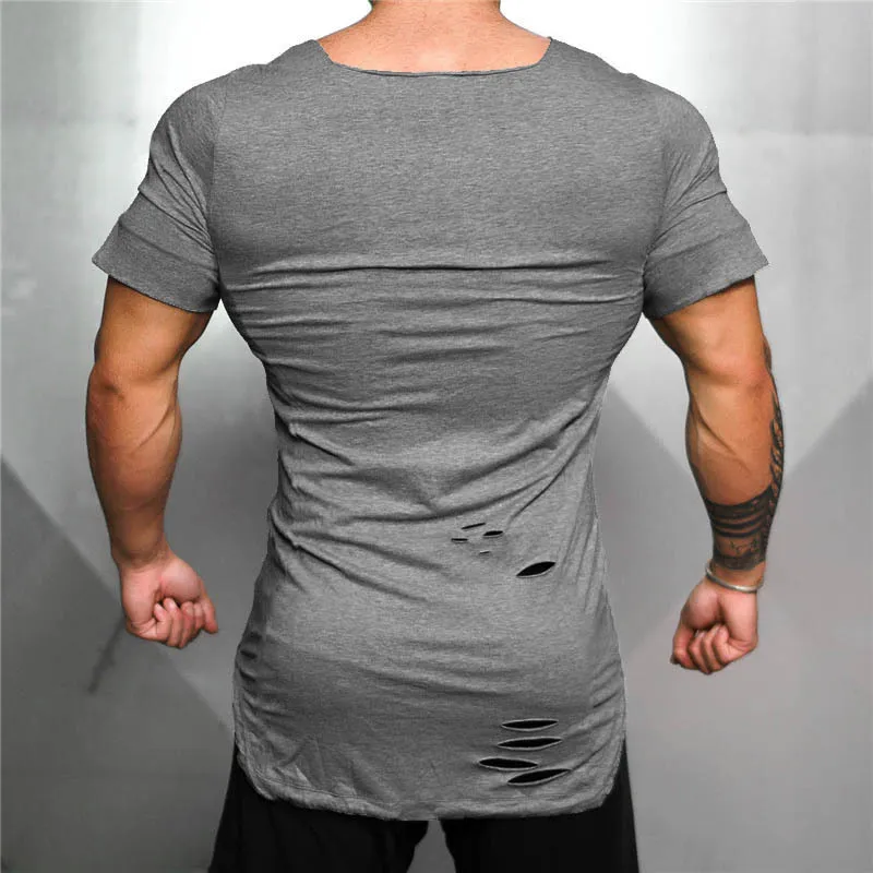 New Summer Clothing Fashion Ripped Hole T Shirt Men Cotton Breathable Mens Tight Short Sleeve Fitness t-shirt Gyms Tees 210421