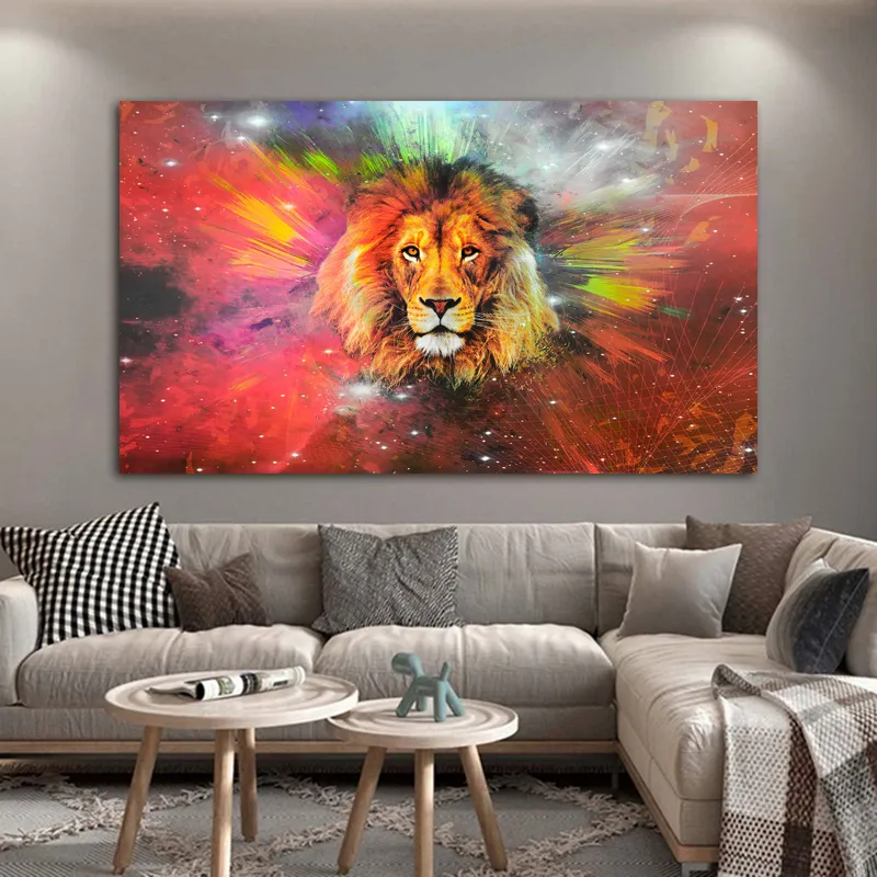 Färgglada Lion Affisch Väggkonst Bilder för vardagsrum Kanfasmålning Modernt heminredning Rolig djur quadros Inomhus dekoration