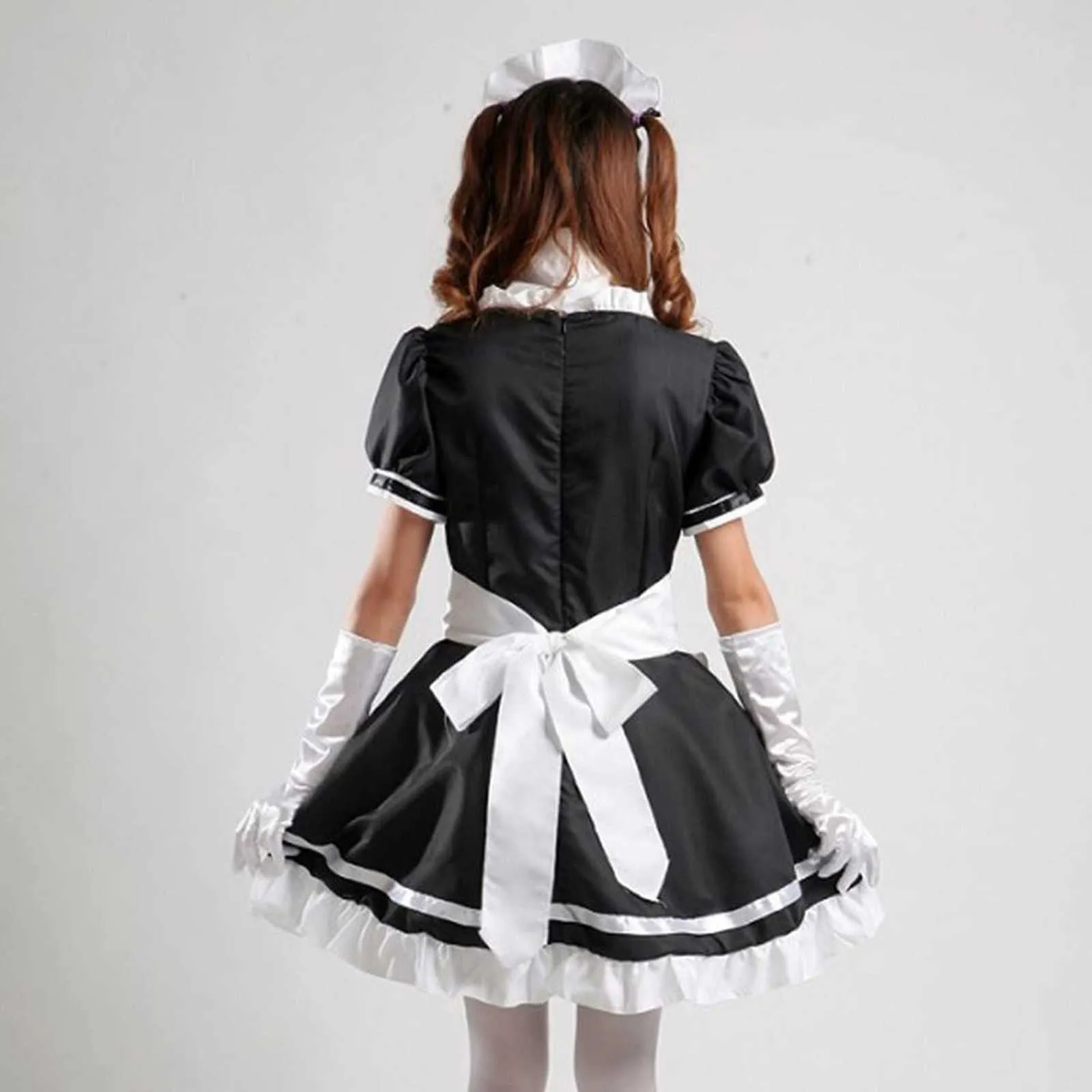 2021 Sexy Lingerie Lolita Maid Cosplay Costume Femmes Chapeaux Tablier Faux Col Bowknot Robe Noire Halloween Party Outfit Y0903