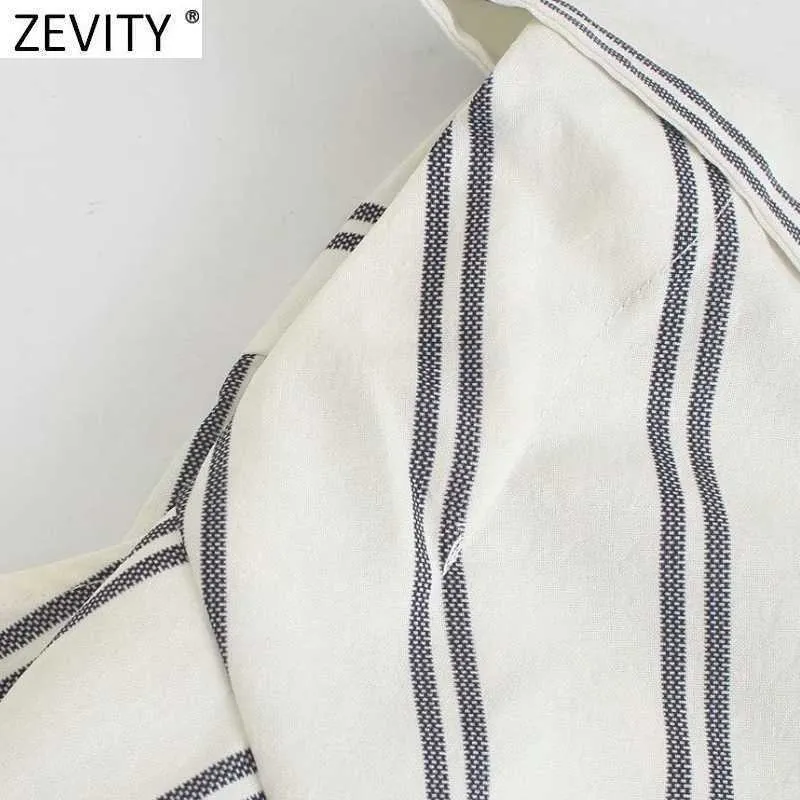 Zevity女性のファッションの縞模様のプリントカジュアルなプレイスーツ女性の弾性ウエストボタンショーツシャムシックポケットロンパースP1127 210603