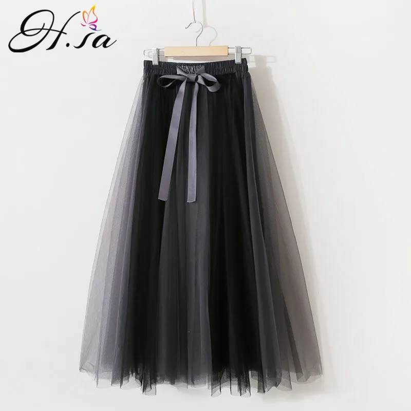 HSA Kvinnor Sommar Tutu Gaze Mesh Bow Slips Waist Patchwork Kjolar Tjejer Koreanska Style Party Beach Long Faldas Jupes 210417