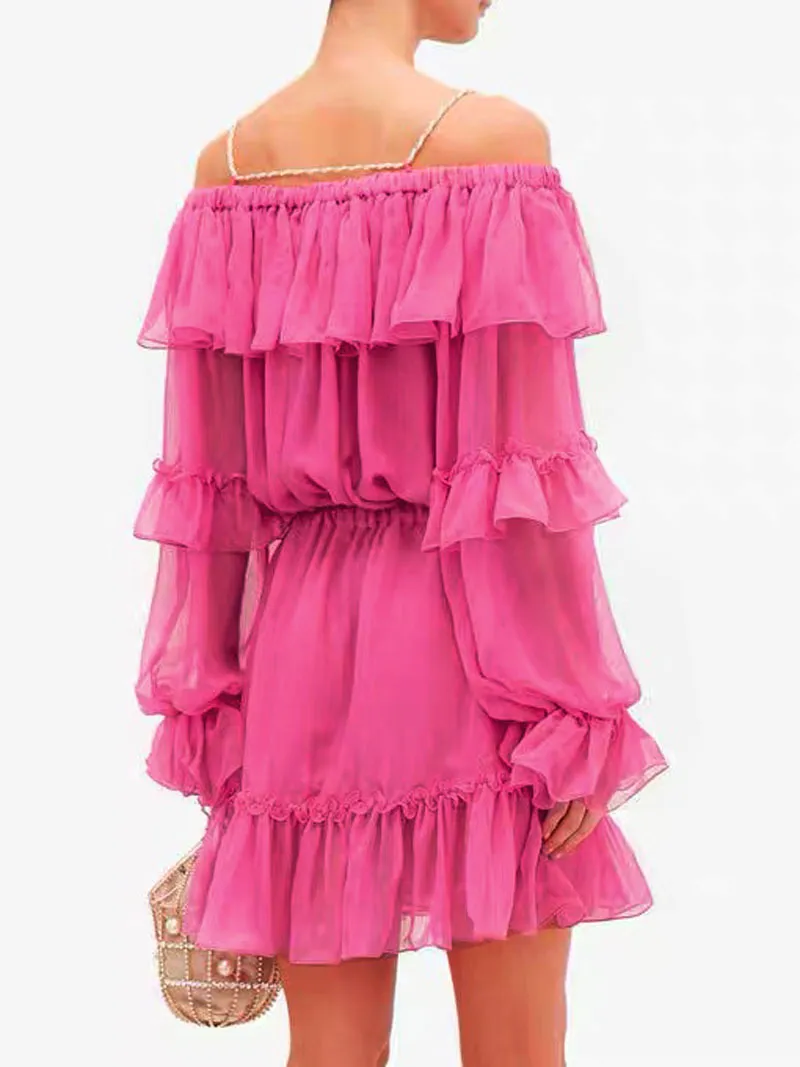 Celebrity Elegante volant viola mini vestito abito asimmetrico a maniche lunghe al collo in giù di abiti casual chic abiti Mujer 210421
